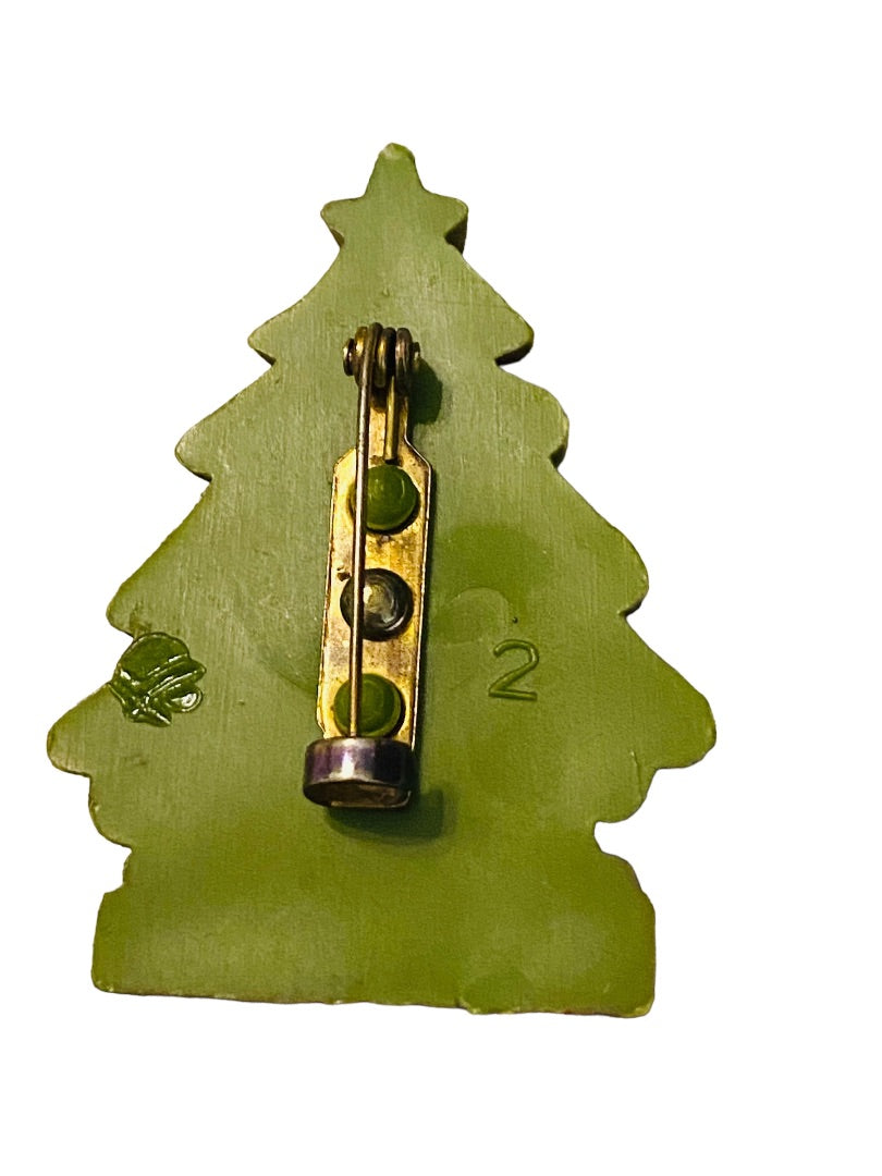 Vintage Plastic Christmas Tree Brooch Pin Green Presents 2" Holiday