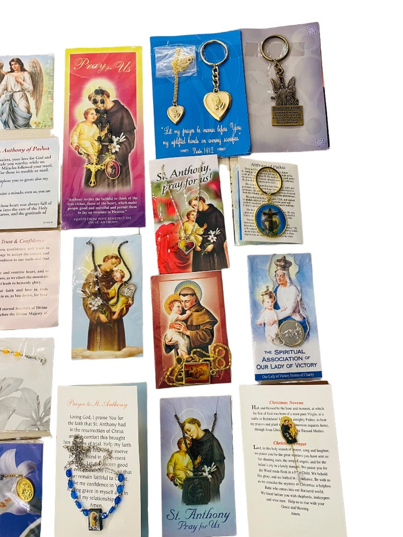 Lot of 16 Assorted Catholic Christian Prayers Cards Jewelry Saints Key Chain Cross Vintage