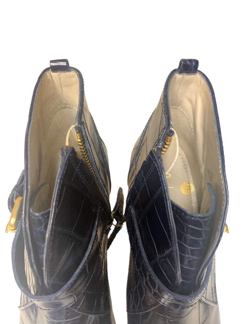 Size 38 Boden Women's Blue Leather 3.5" Heeled Bootie Croc Embossed A0745