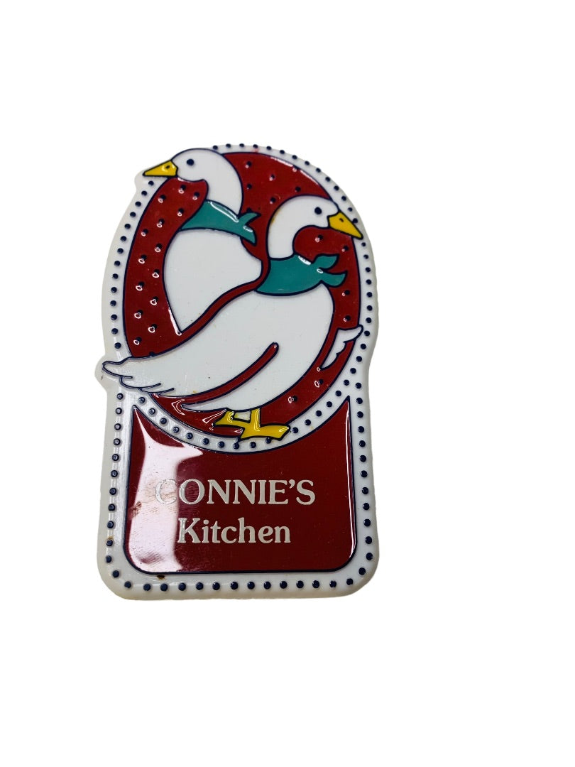 Vintage 1980s Country Goose Plastic Magnet "Connies Kitchen" 4.75" x 2.75"