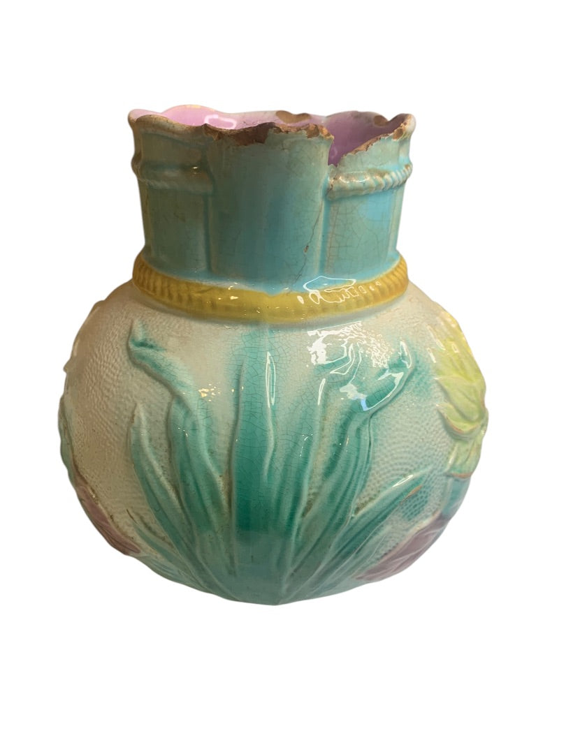 Samuel Lear Majolica Pitcher Water Pond Lily Rope Antique Victorian Chips