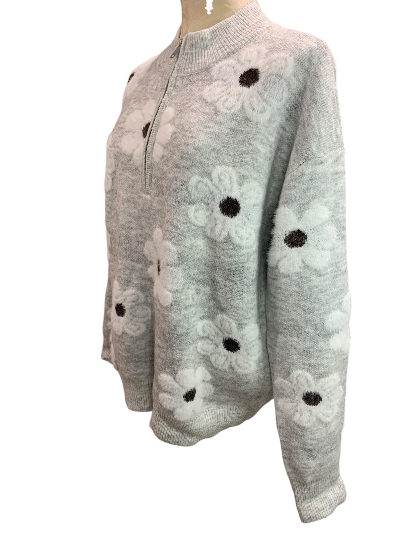 XL Womens Quarter Zip Pullover Gray Daisy Sweater
