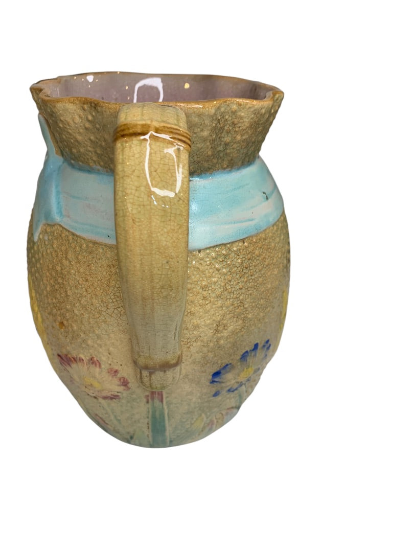 Antique Majolica Pitcher Pottery Wildflower Blue Bow Flower 7.5 Inch