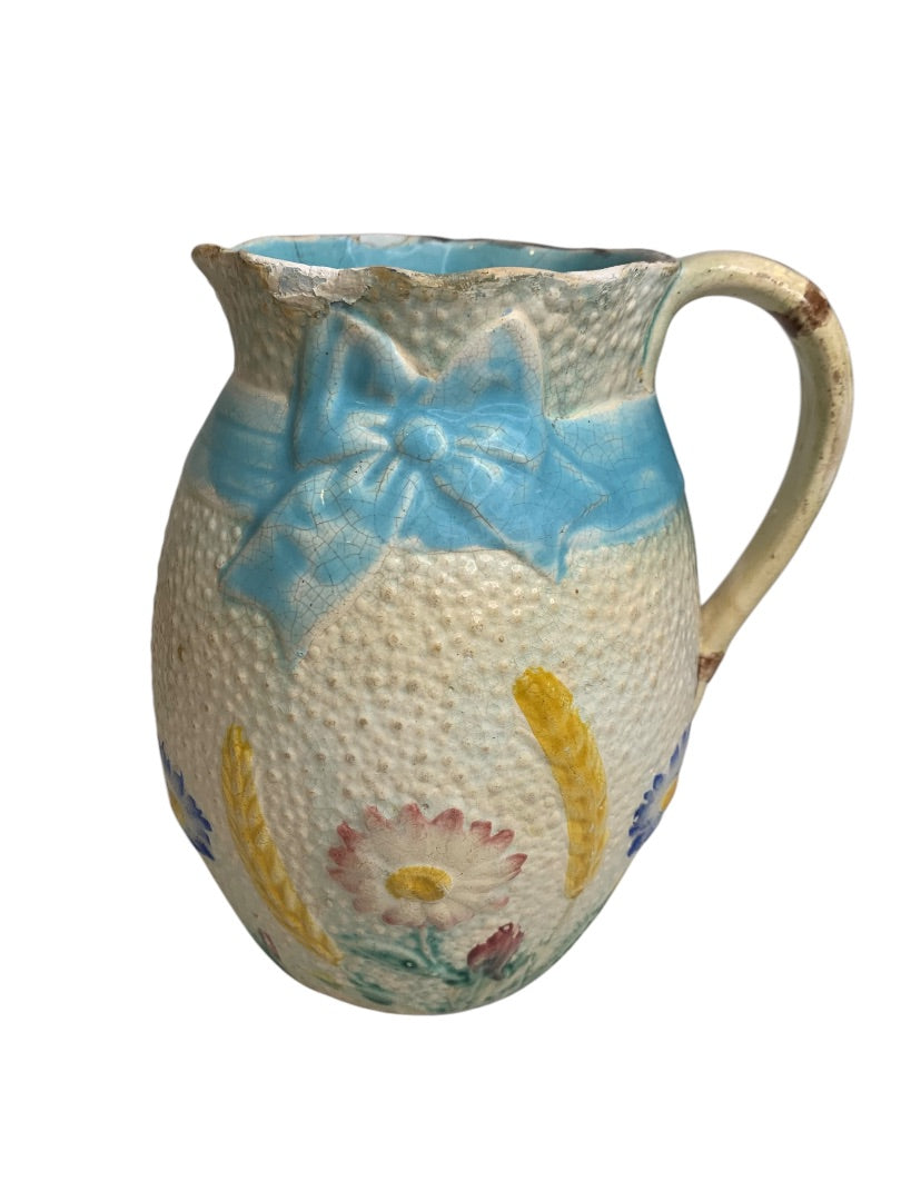 Antique Simon Fielding Majolica Pitcher Pottery Wildflower Blue Bow 6 Inch
