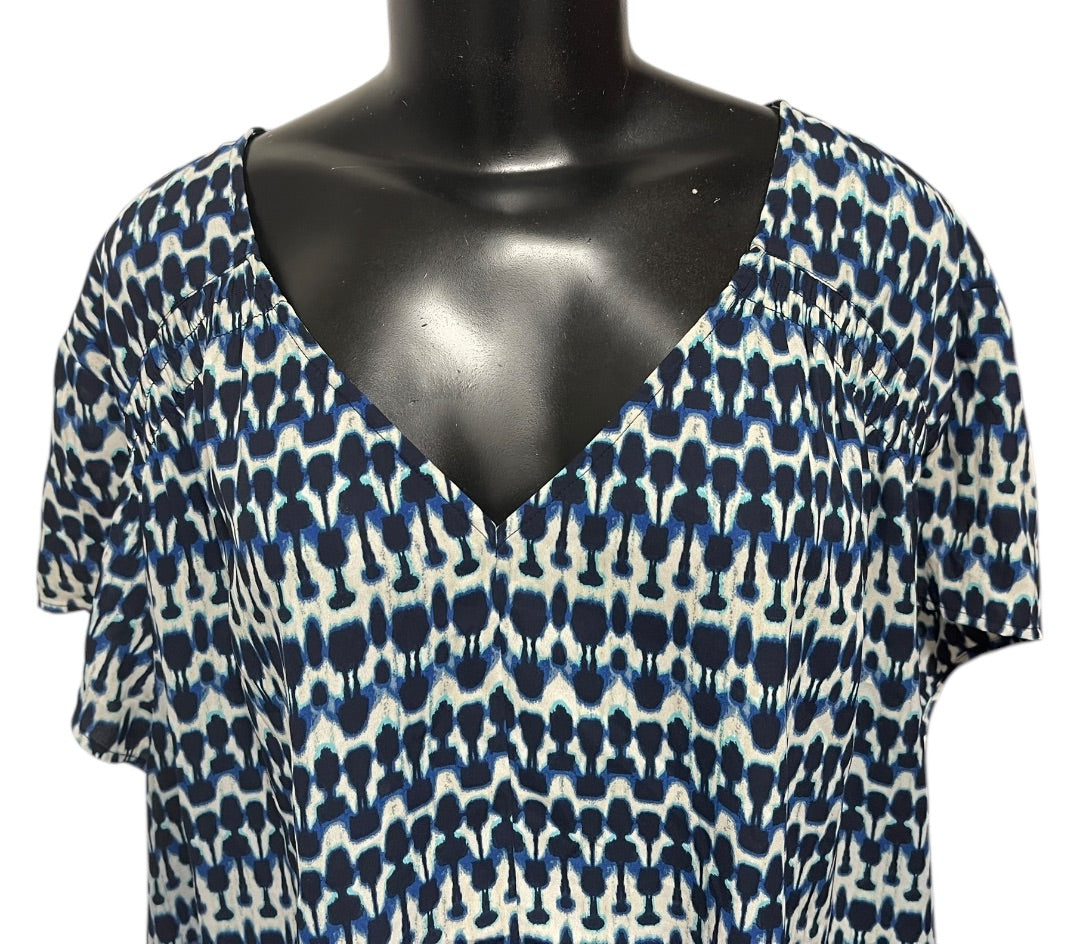 Size 24W Sejour Capsleeve V-Neck Womens Geometric Patterned Shirt Blouse Blue