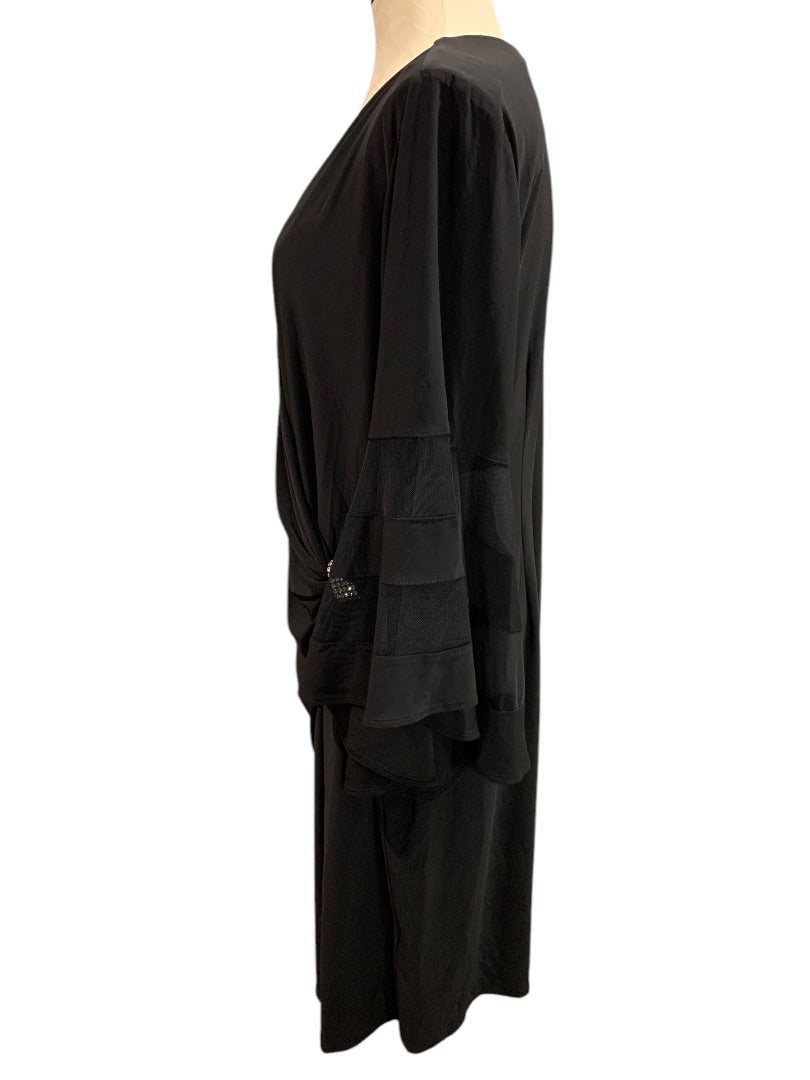 Size 16W R&M Richards Woman Black Wrap Around Dress Bell Sleeve Knee Length