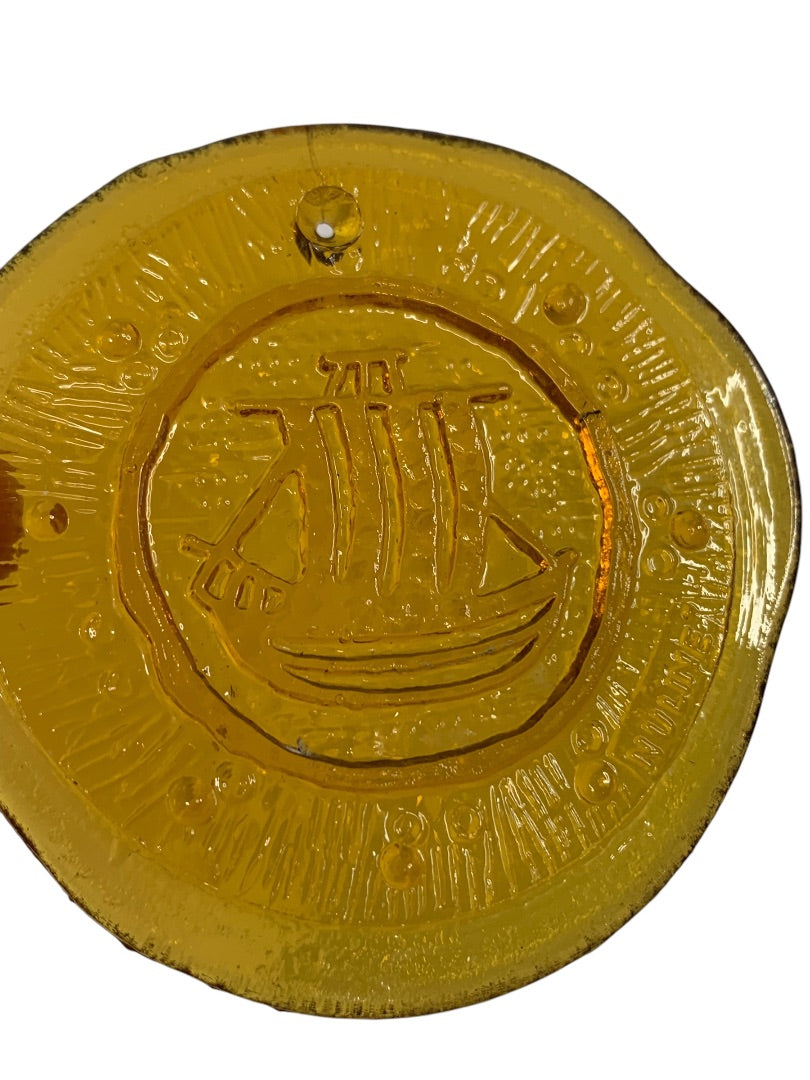 1960s Nuline Wheaton Amber Glass Suncatcher Small Ship 2.5 Inch