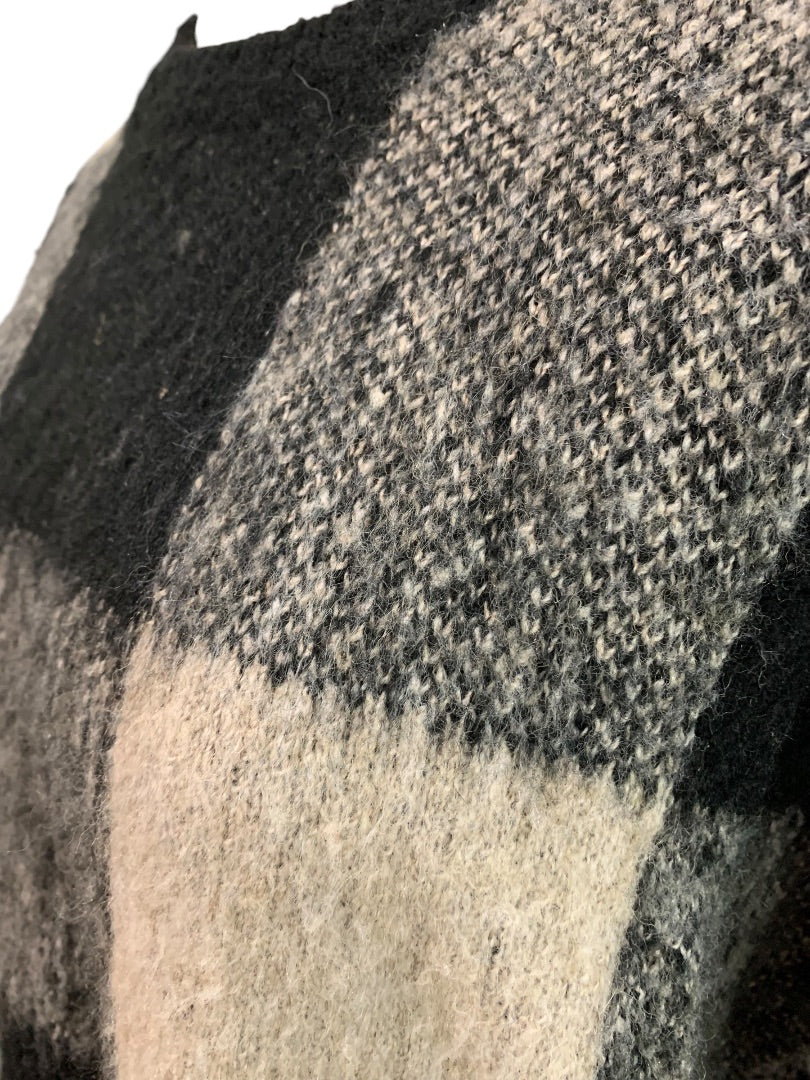 Large Lucky Brand Womens Wool Blend Sweater Buffalo Plaid Gray Black