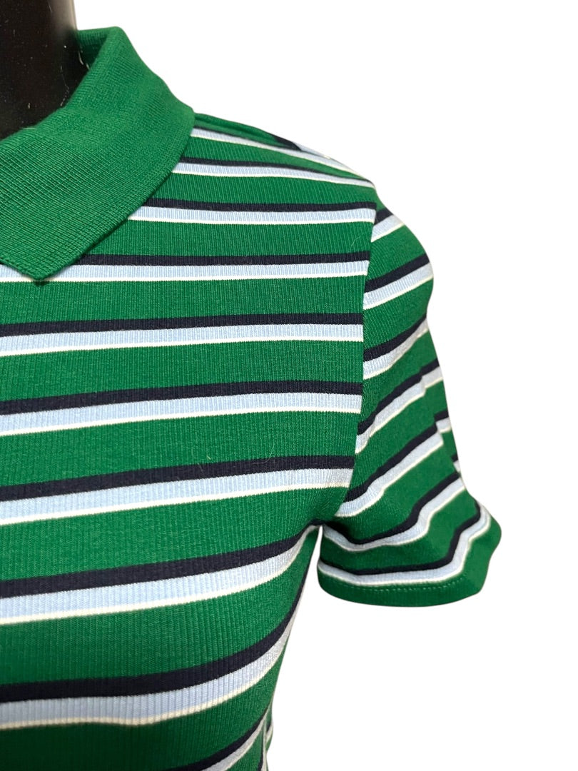 Medium Zara Womens Fitted Waist Length Striped Polo Shirt Green