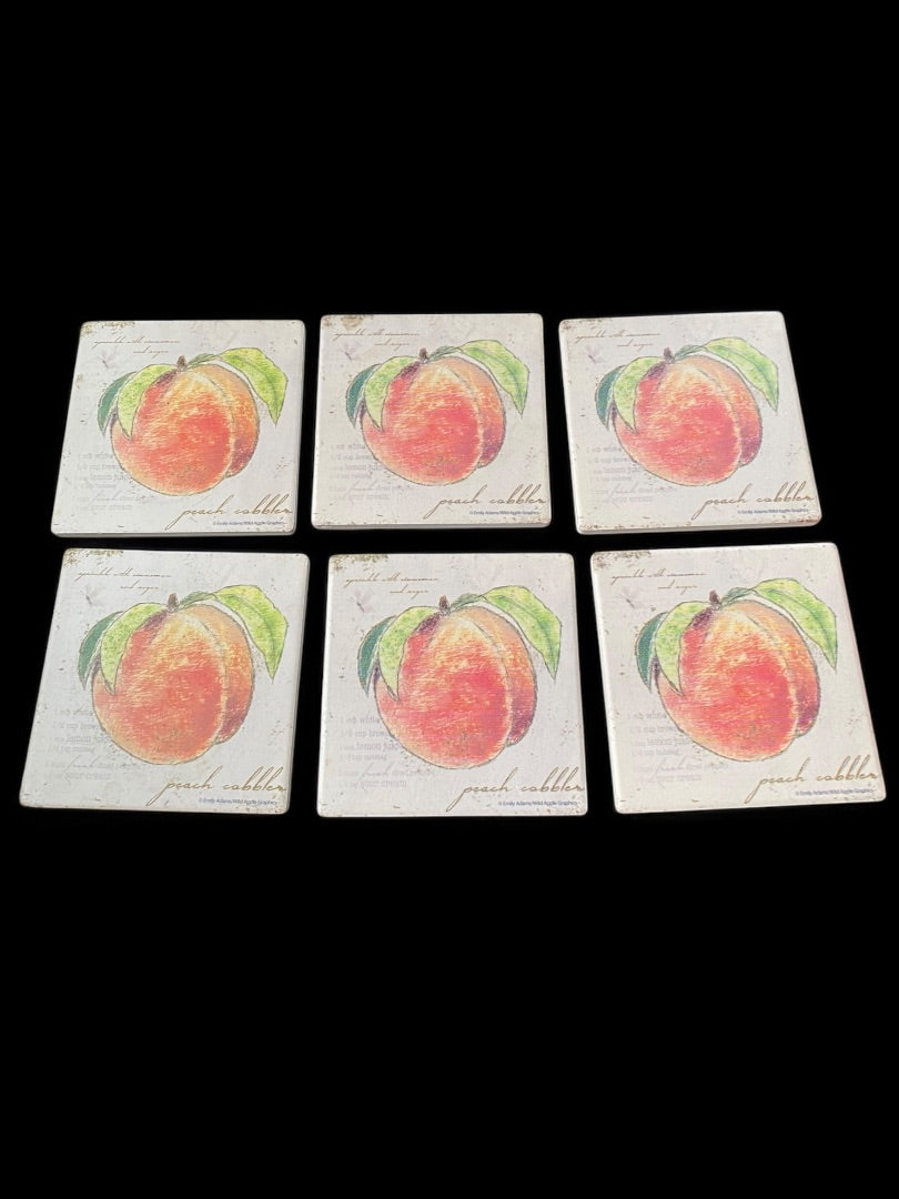 Set of 6 Tile Drink Coasters Cork Backed Peach Cobbler Design 4.25" Square