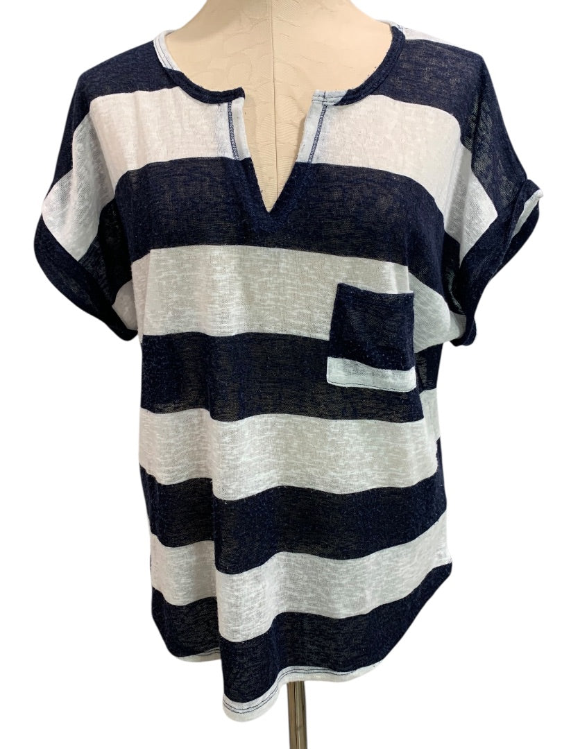 XL Petite Womens Navy Blue White Striped Lightweight Sheer Sweater V-Neck Pocket