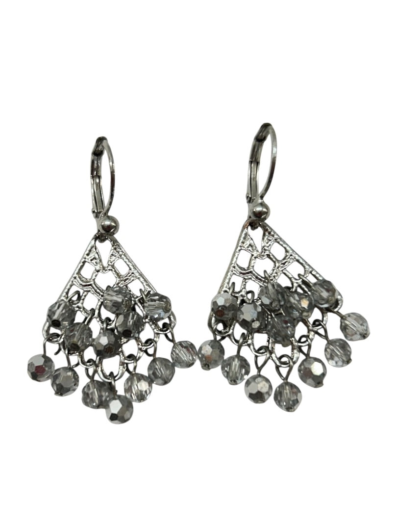 Silvertone Leverback Earrings Gray Crystals 1.5 Inch Drop Dangle