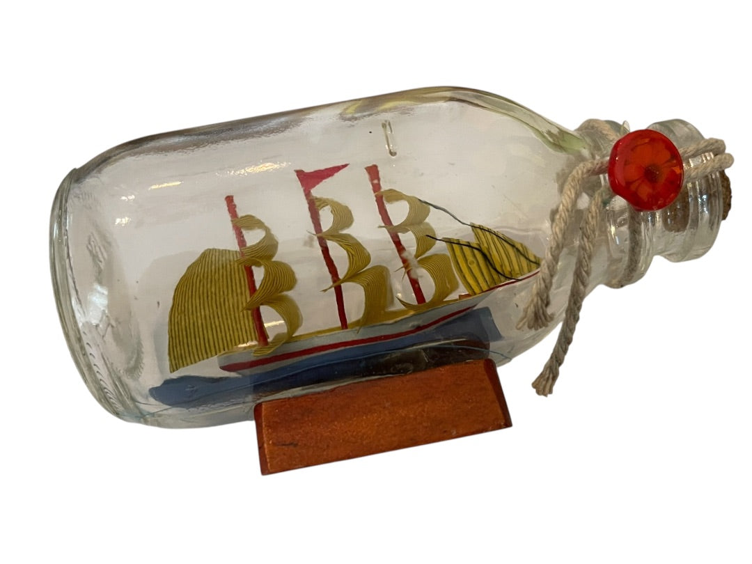Vintage Ship In the Bottle Small Nautical Model of Tall Sail Ship 4 1/2" x 2 1/2"