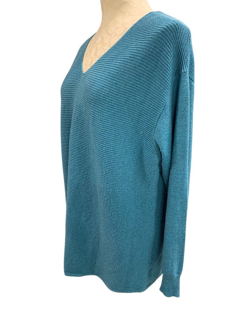 XL Ella Moss Womens V-Neck Sweater Teal Horizontal Ribbed Knit