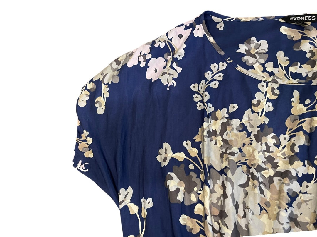 Large Express Floral Scoop Neck Elastic Waist Mini Dress Blue Pockets