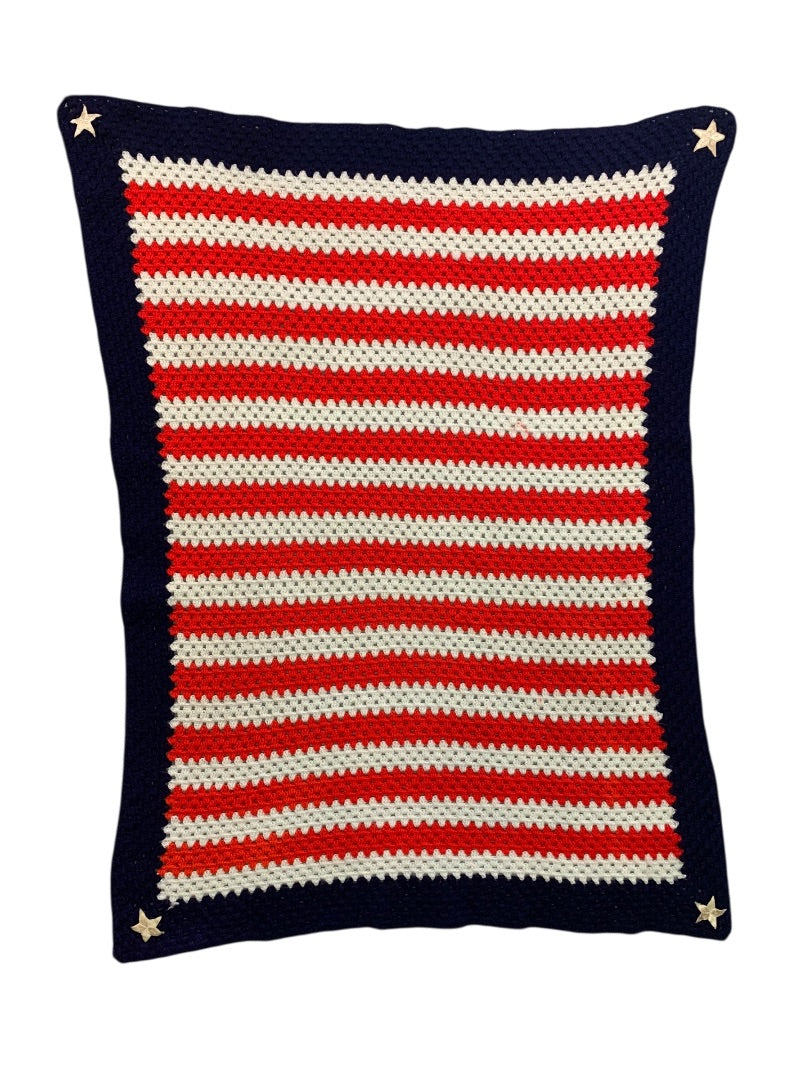 Vintage Crochet Patriotic USA Throw Blanket Afghan Stars Stripes 55" x 41"