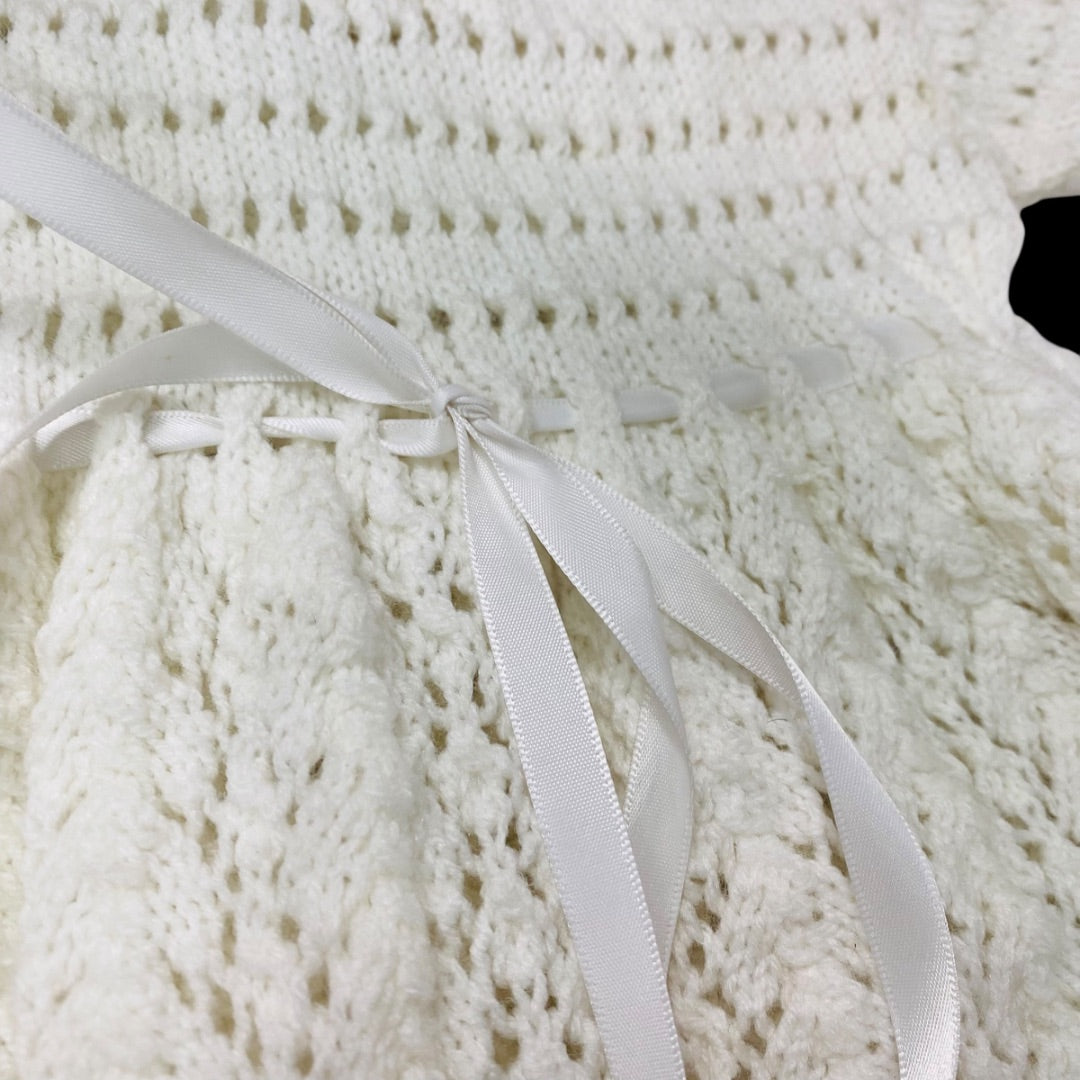 Vintage Infant Baby Dress Hand Crochet Knit White Ribbon Detail