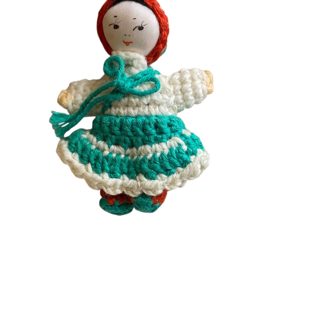 Vintage Amigurumi Japanese Miniature Crochet Girl Doll 2" Silk Face Hanging