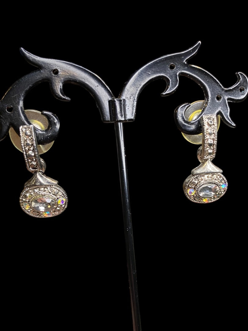 Vintage Pierced Earrings Rhinestone Silvertone 1" Drop Post