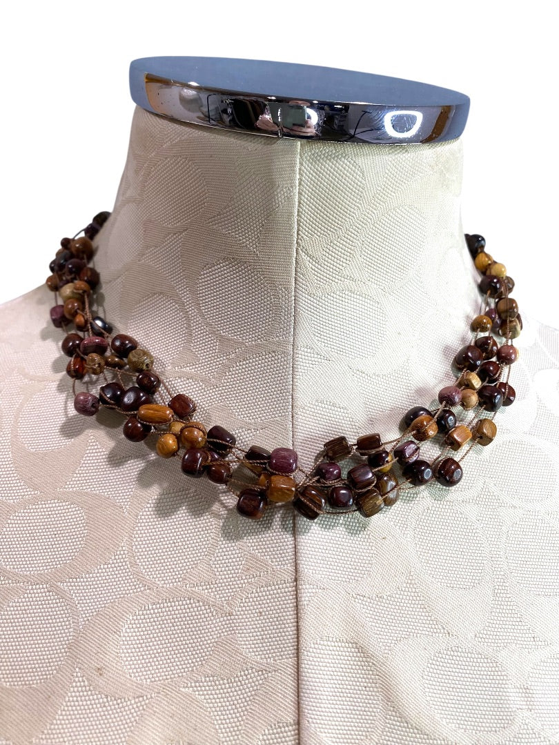 Wooden Bead Multistrand Boho Necklace 17" Lightweight