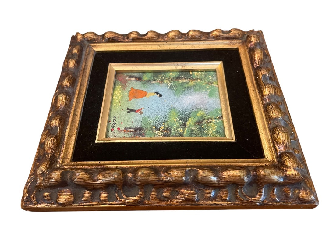 Vintage Louis Cardin Original Enamel on Copper Painting Mother Child 8.5" x 9.5"