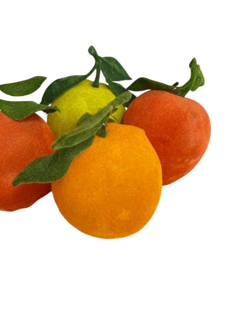 Vintage Flocked Velvet Fruit Set of 4 Ornaments Apples Orange 3 Inch