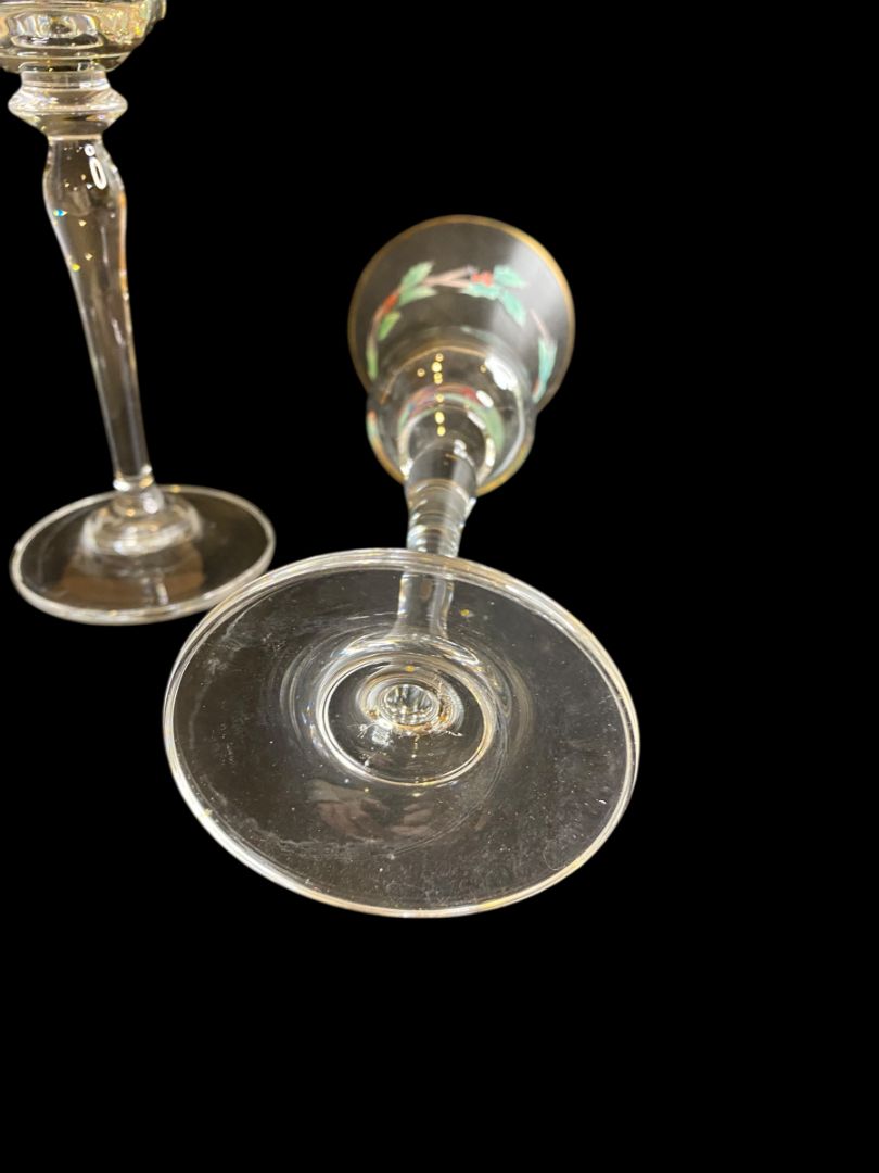 Vintage Mikasa Set of 2 Wine Glasses Holly Berry Ribbon Gold Trim