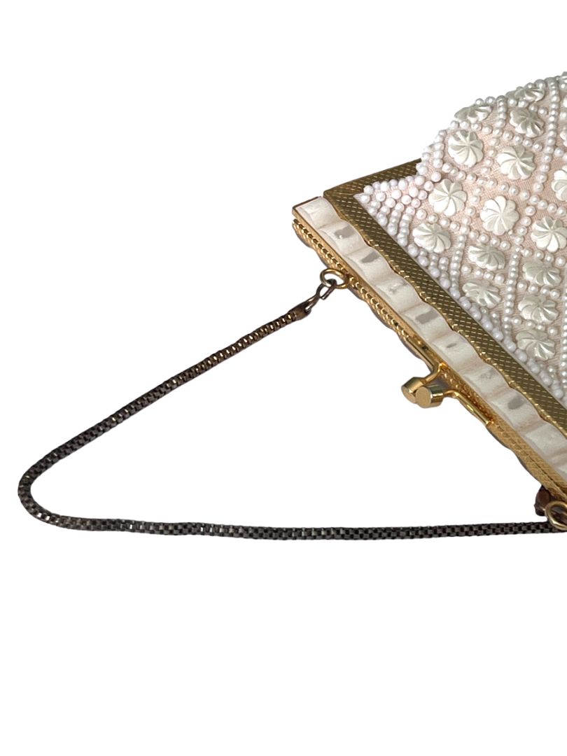 Small White Beaded Evening Bag Gold Chain And Kisslock Purse Handbag Vintage