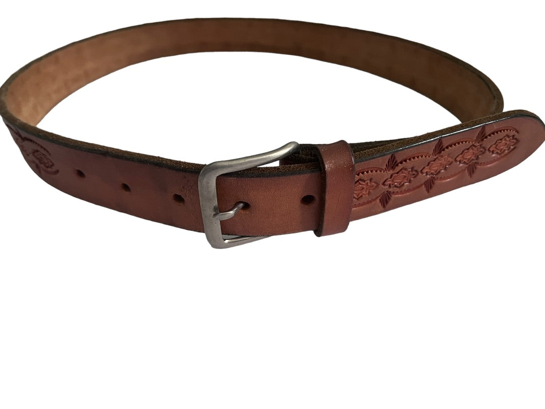 30 Hand Tooled Leather Western Belt Brown Cowboy Anchor Stamped Silver To e Metal Buckle