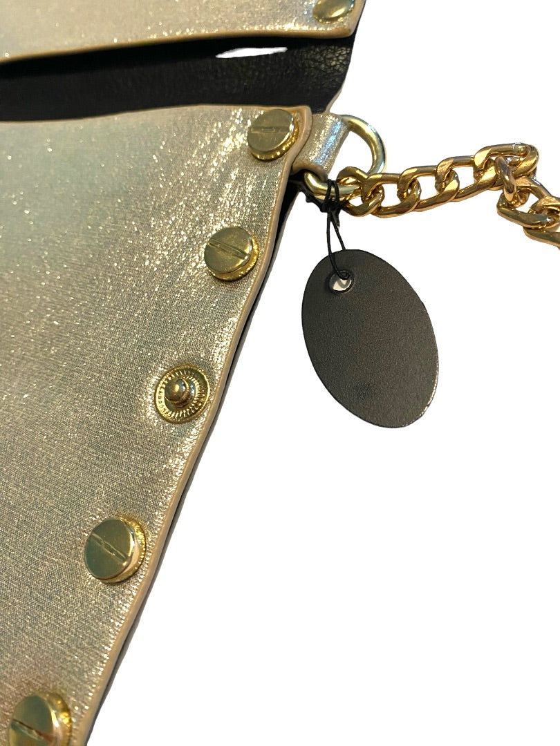 Gold Metallic Slim Crossbody Studded Chain Strap Purse New Designs By Liza Kim
