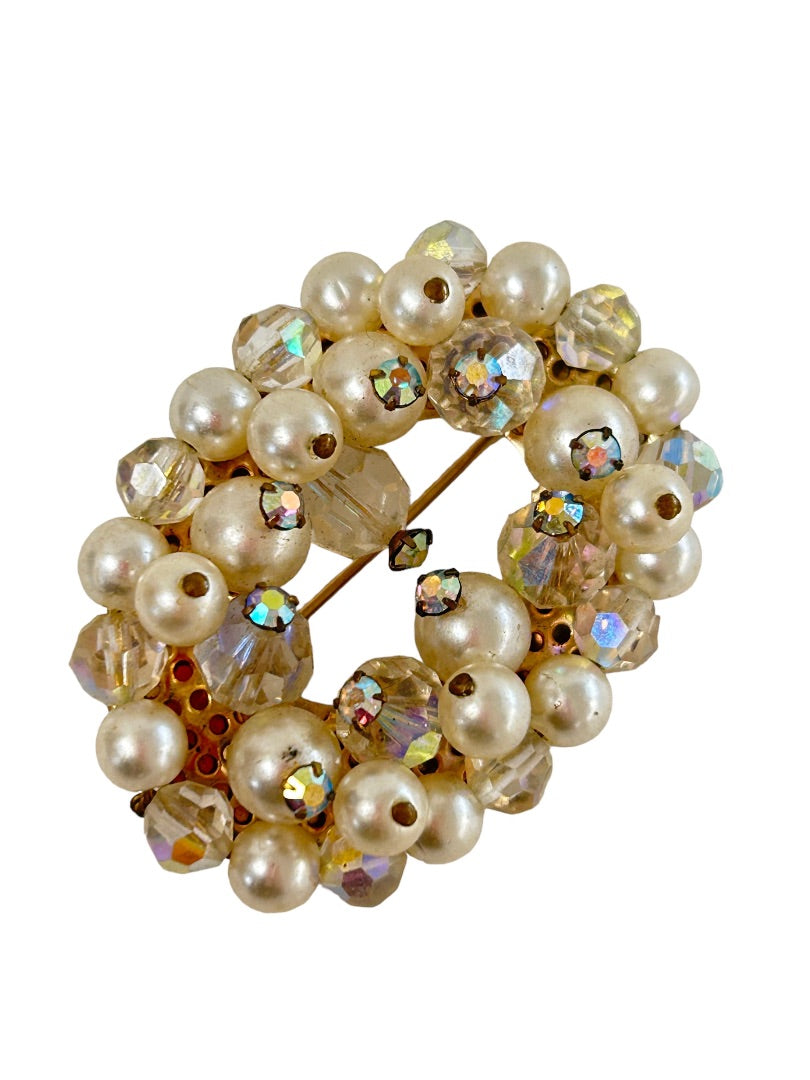 Vintage Brooch Aurora Borealis Beads Faux Pearls Oval 2"