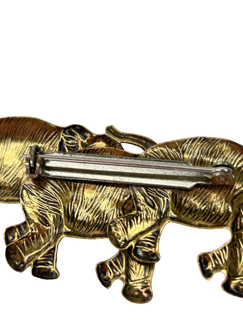 Three Goldtone Elephants Trunks Up Brooch Pin 2 5/8"