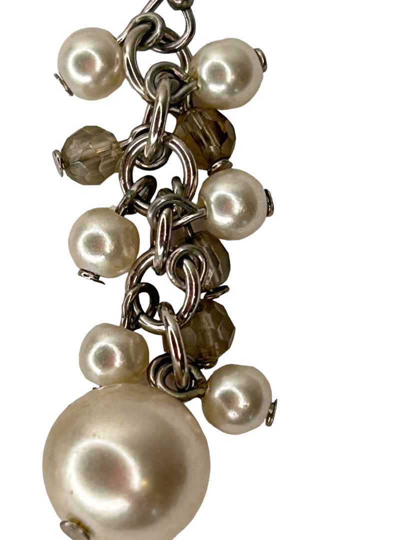 Faux Pearl Gray Crystal Earrings Pierced Hook 1 5/8" Drop Dangle