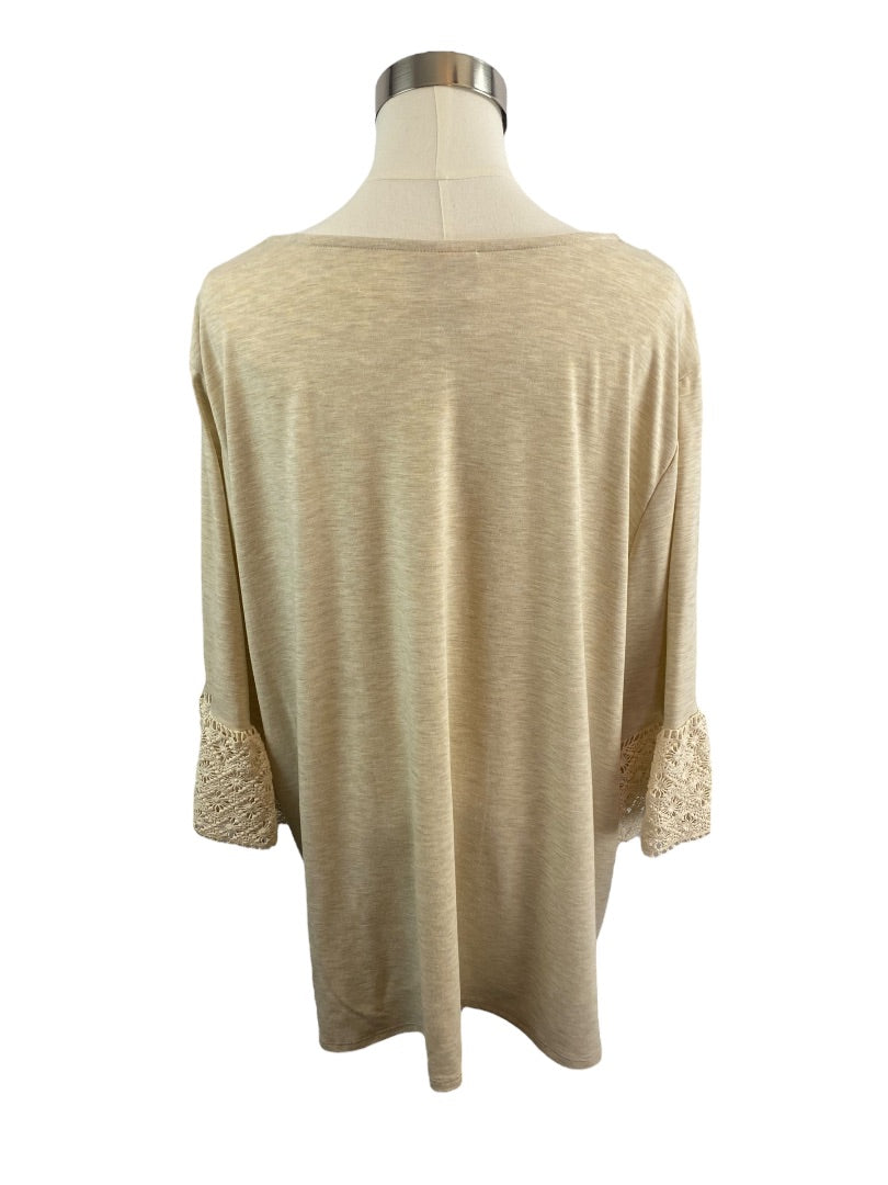 2X Ruby Rd Women's Oatmeal V-Neck Crochet Trim Pullover Top Shirt