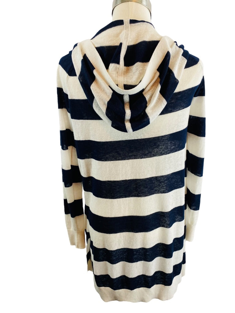 XS LOFT Womens Navy Blue White Striped Linen Blend Sweater Hooded Lightweight