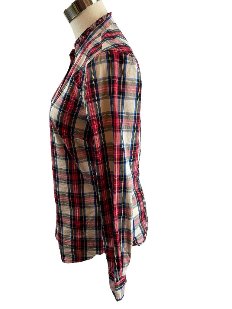 XS J.Crew Womens Plaid Button Up Ruffle Collar Blouse Stretch Cotton