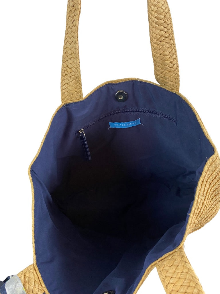 Draper James Lined Straw Tote Handbag Natural Navy Blue Purse Scarf