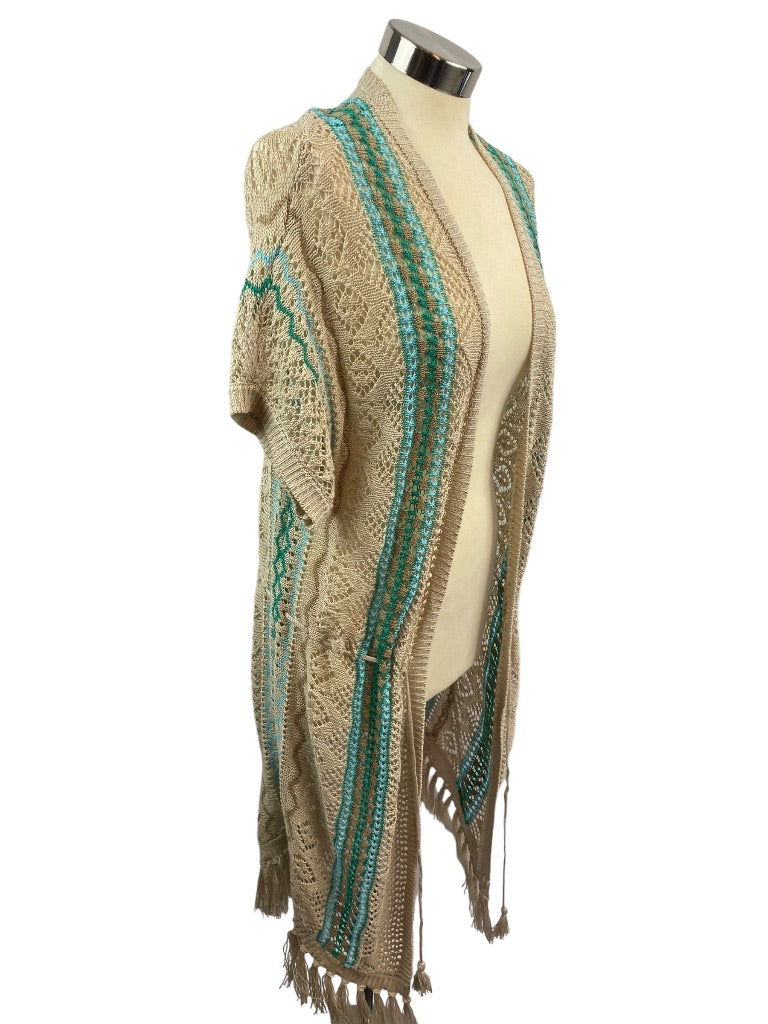 Small Chico's Women's Summer Linen Boho Fringed Loose Knit Cardigan Sweater