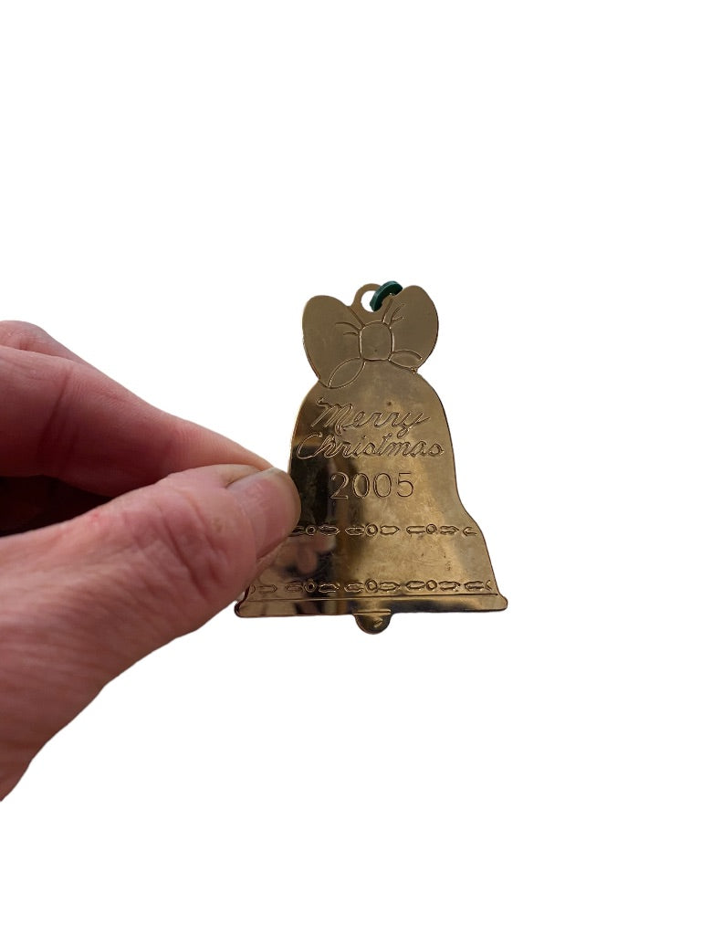 2005 Holiday Christmas Bell Ornament Duchin Made in USA 2.5"h Goldtone Flat