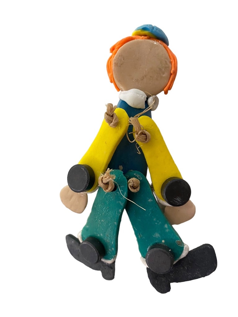 Handmade Clay Clown Articulated Magnet 5" Blue Green Yellow with Cap
