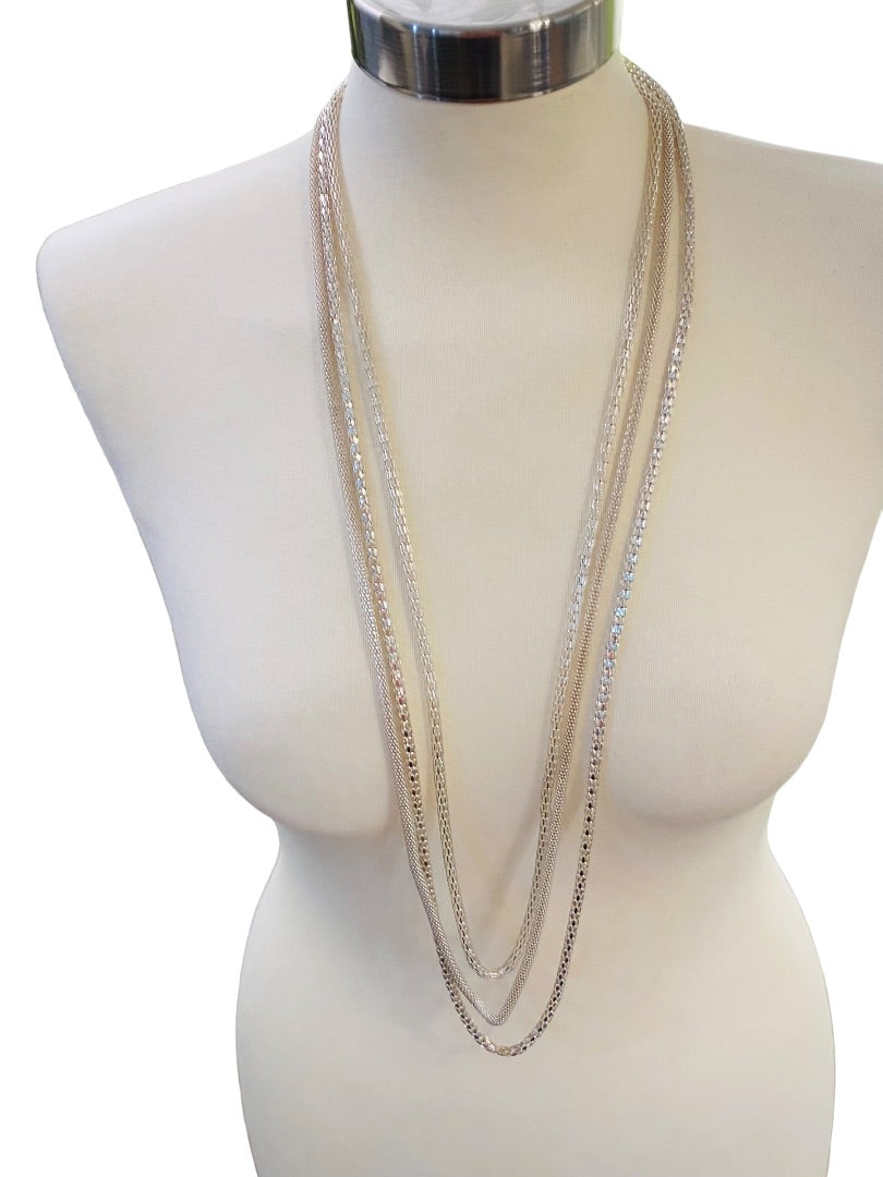 Triple Strand Draped 36" Necklace Silvertone Lightweight Sparkly