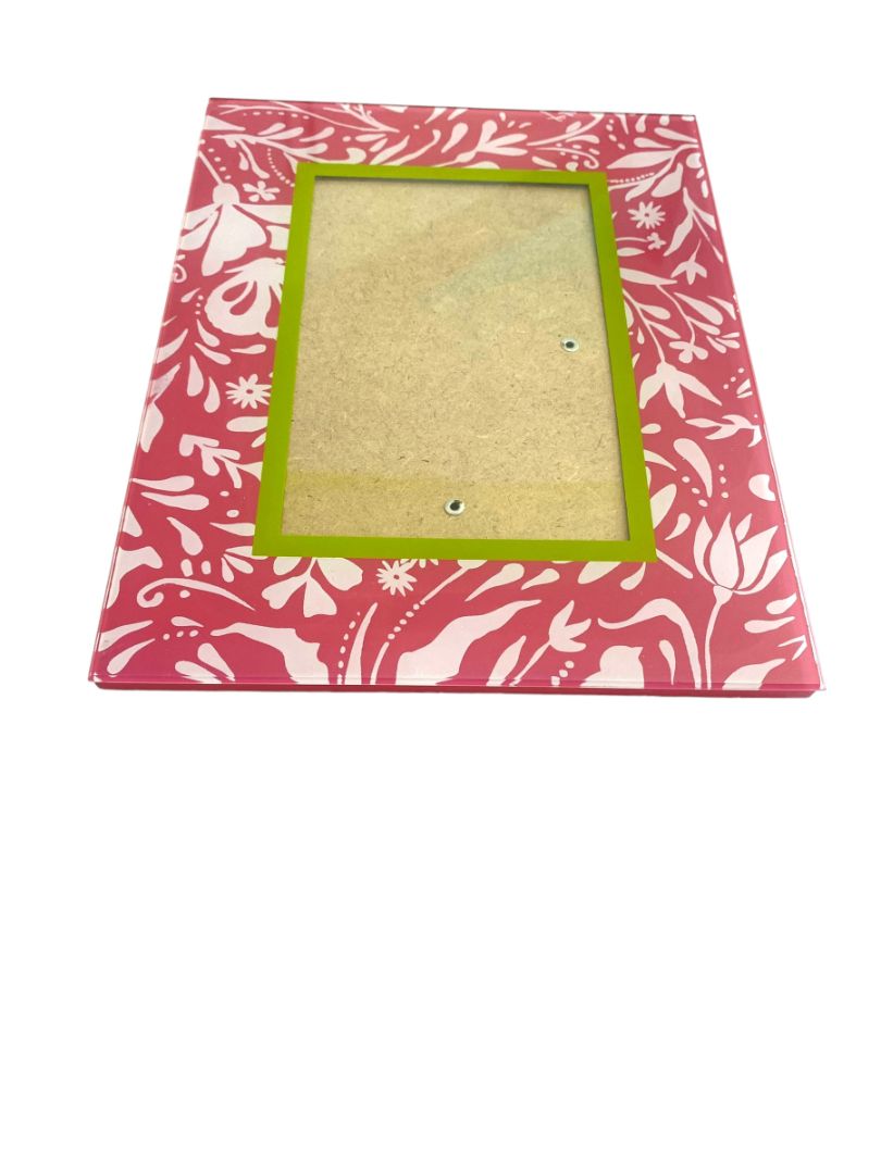 Pink White Green Floral Filagree Glass Table Top Frame for 4X6 Photo