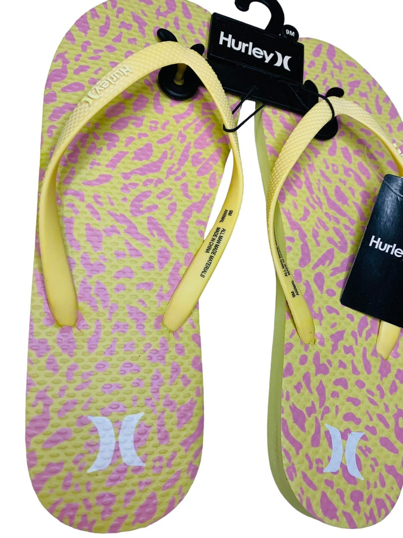 9M Hurley Womens New Animal Flip Flops Yellow Pink Cheetah Sunrise