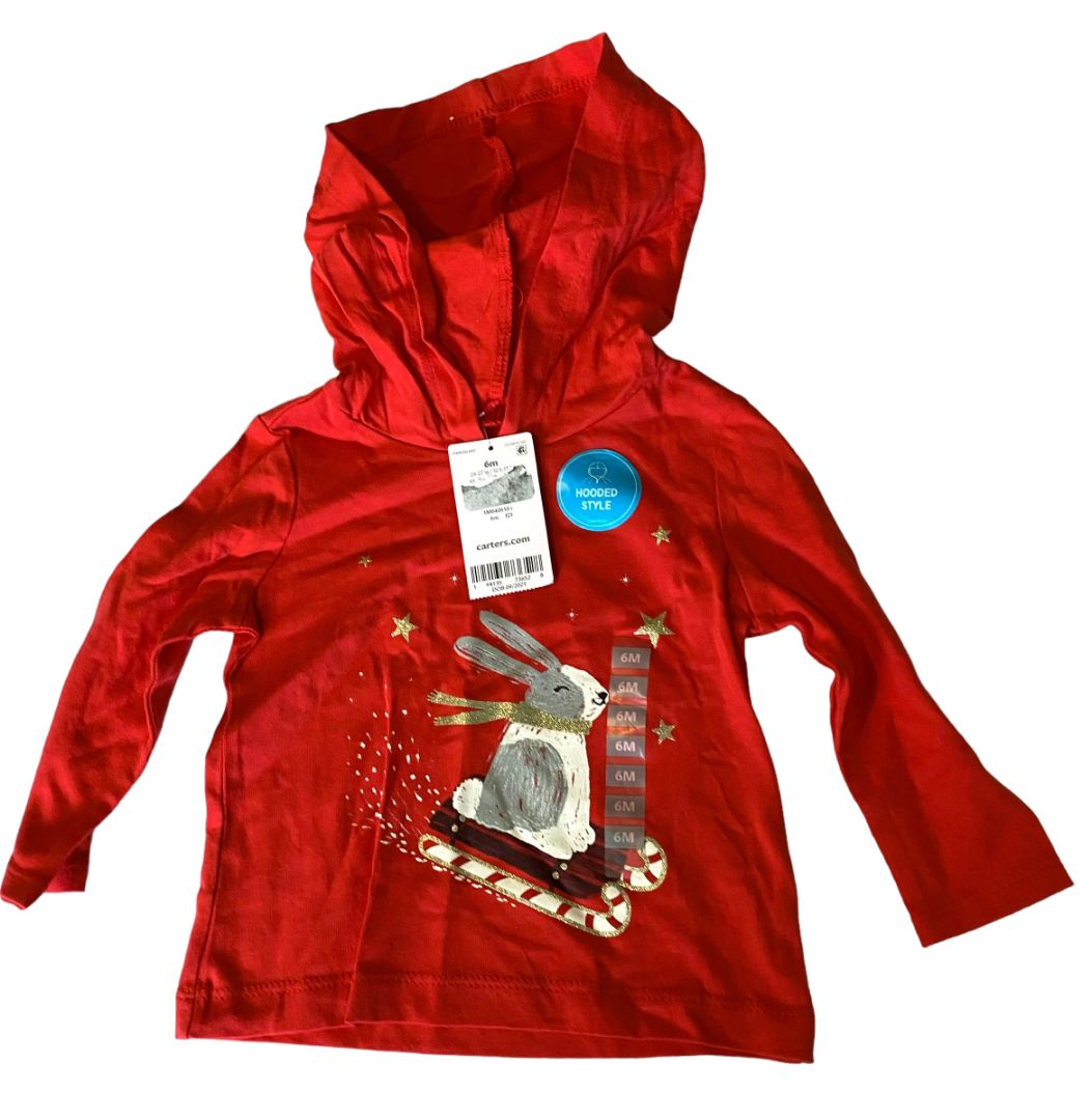 NWT 6M Carter's Hooded Shirt Bunny Sledding Candy Cane Holiday Christmas