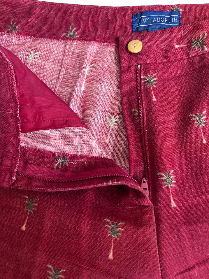 12 J McLaughlin Cotton Maroon Palmetto Tree Linen Style Dress Pants