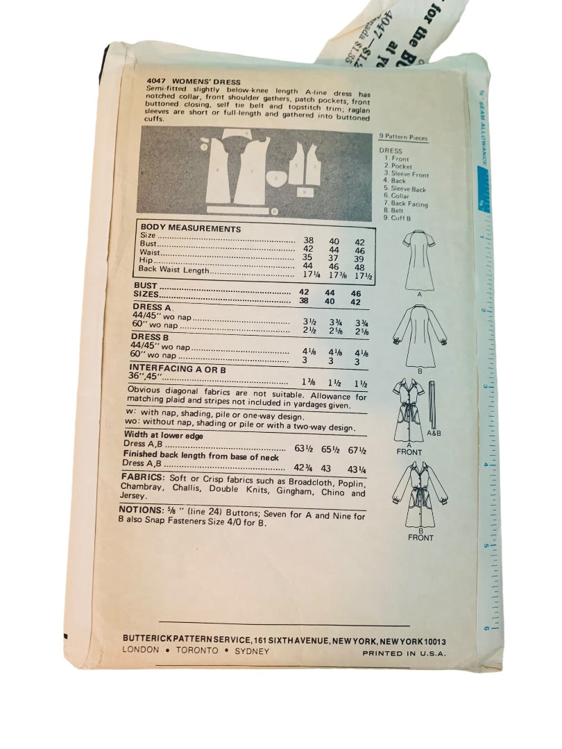 Size 42 Butterick Seams Slimmer 4047 Uncut Pattern Vintage 1970s A-Line Dress