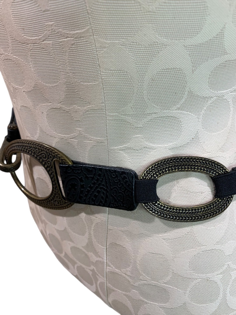 One Size Womens Brass and Tooled Leather Womens Link Stretch Belt