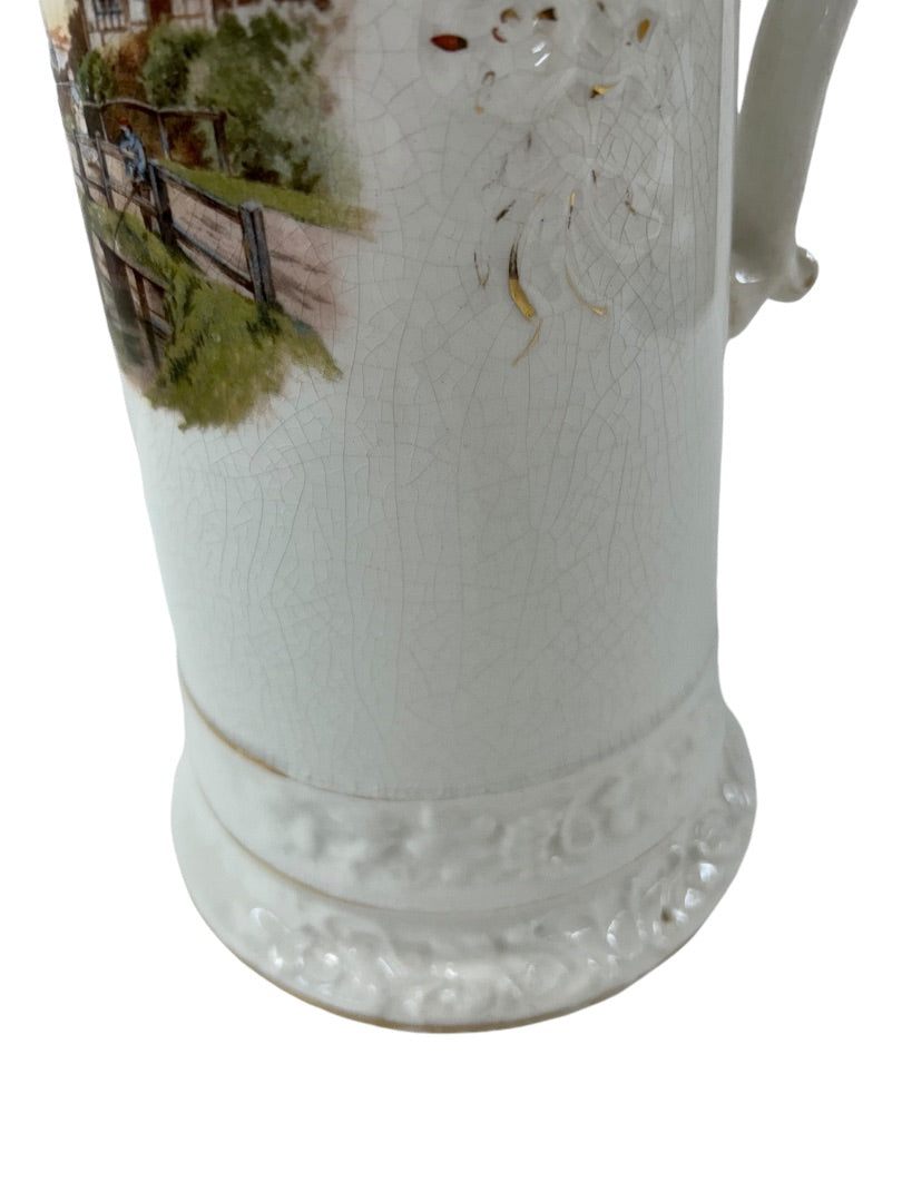 Antique Tankard Pitcher 12 Inch Owen Minerva Victorian Scene Handle Pottery