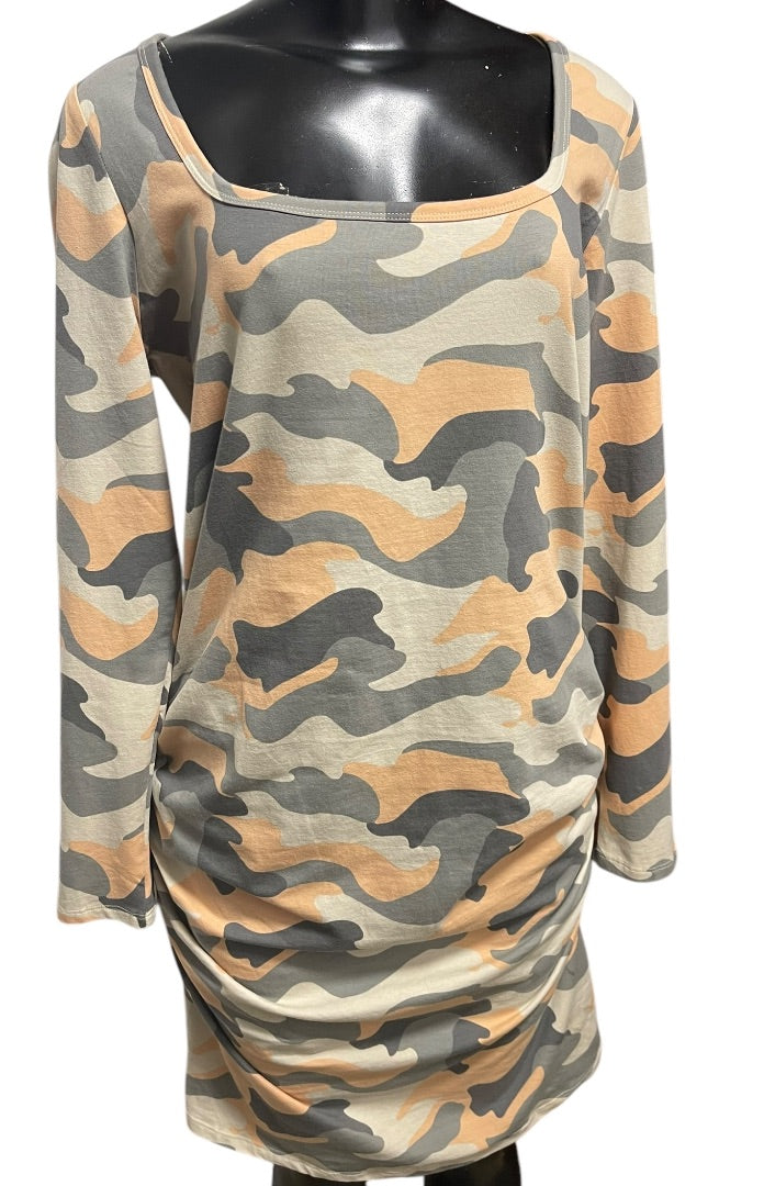 XL Venus Camouflage Long Sleeve Bodycon Dress Ruched Sides
