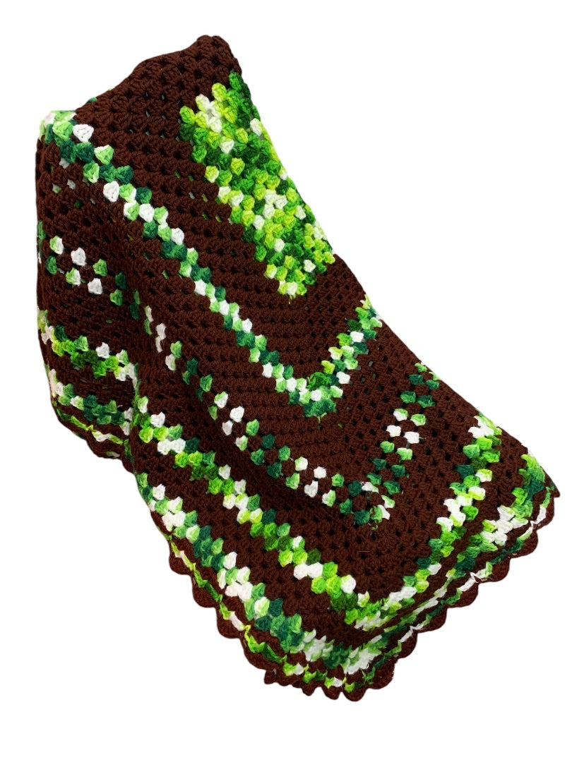 Vintage Brown Green Afghan Throw Blanket 48 Inches Square